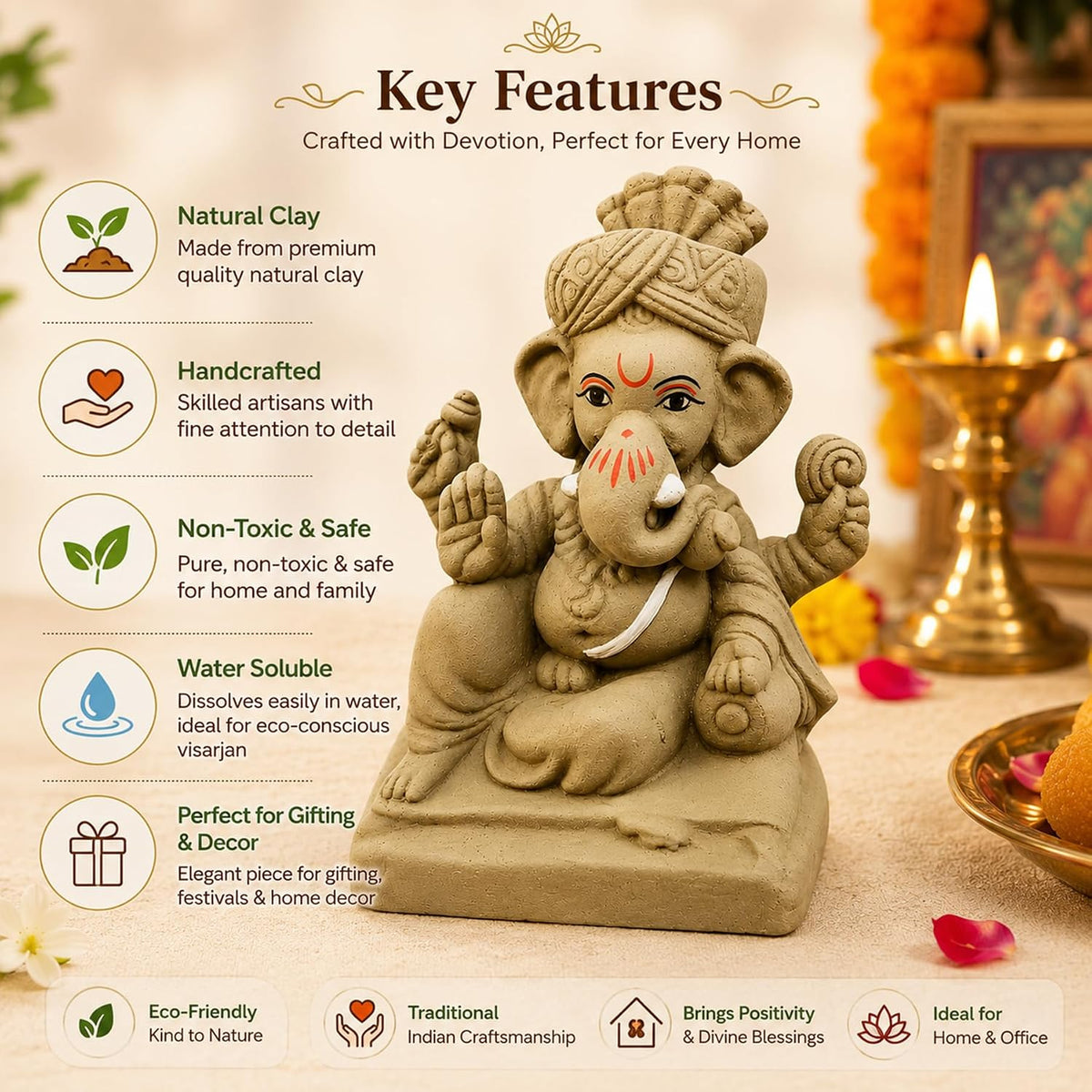 SHOPMEFAST Clay Ganesh Idol, 4 Inches Height, Water Soluble Ganpati Murti for Ganpati Visarjan (Small) (Natural Brown - Pagri Ganesha)