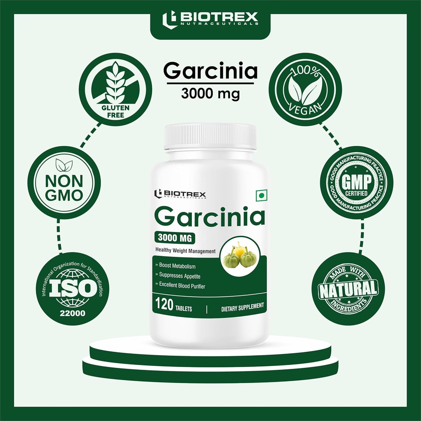 Biotrex Nutraceuticals Garcinia Cambogia 3000mg 60% HCA With 6mg Piperine | Supports Metabolism & Energy Levels | Healthy Weight Management | Complete Natural Formula | 120 Vegan Tablets