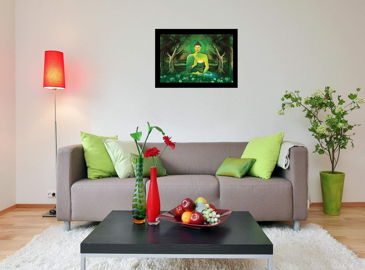 Wood Blessing Buddha Art Framed Painting with Ready to Hang, adds Soothing Effect to Environment (Wooden Frame, 12inch x 18 inch)