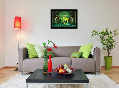 Wood Blessing Buddha Art Framed Painting with Ready to Hang, adds Soothing Effect to Environment (Wooden Frame, 12inch x 18 inch)