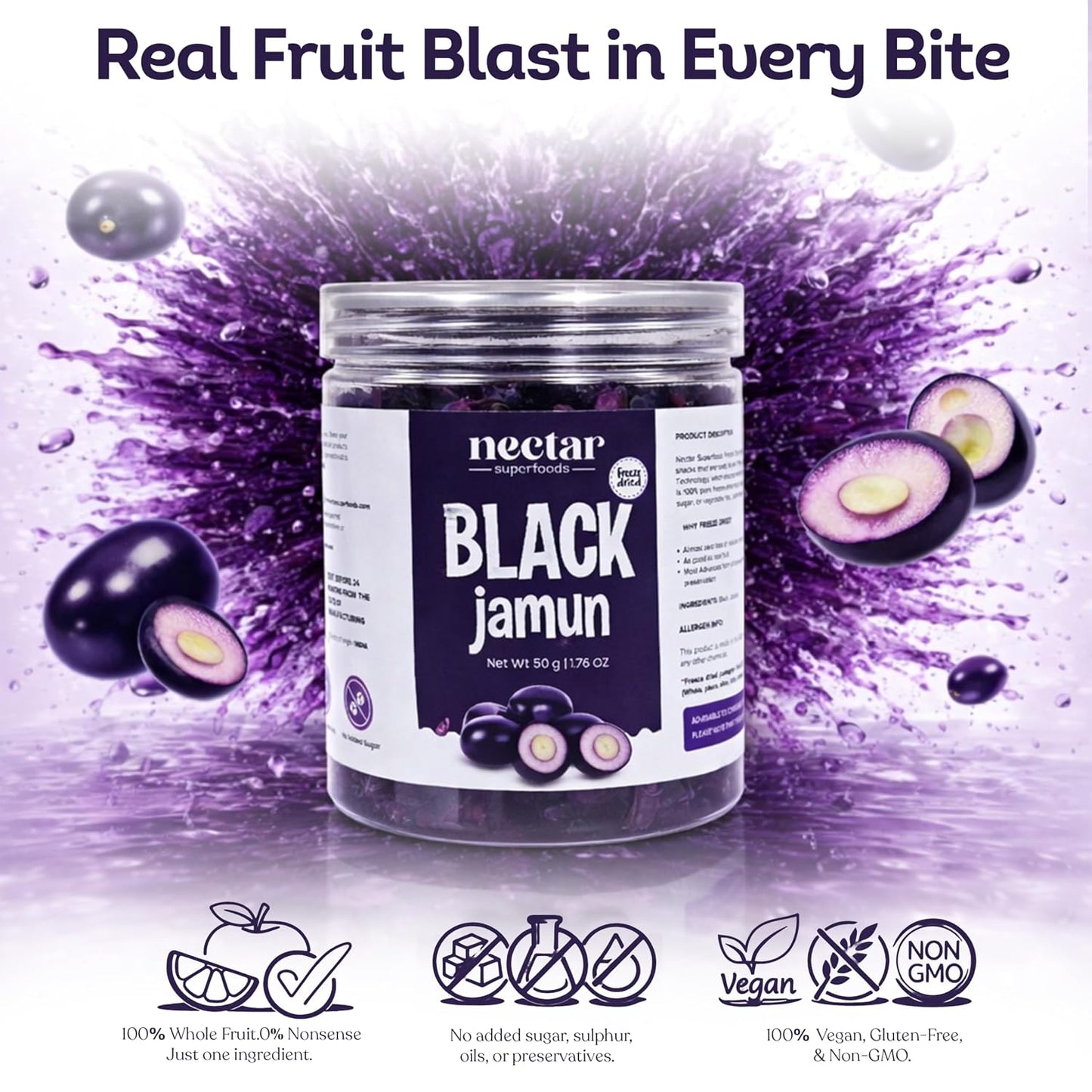 Nectar Superfoods Freeze Dried Black jamun slices- 50 grams Jar-Pack of 1 Nos | 100% Natural & Pure | No Preservatives, No Sugar Added, Vegan | Ideal for Cooking & Seasoning | Made in India