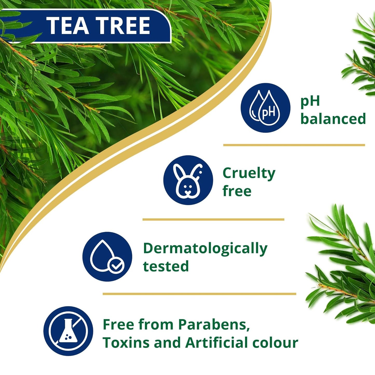 Tea tree product label with green leaves, pH balanced, cruelty free, dermatologically tested, and paraben-free text.