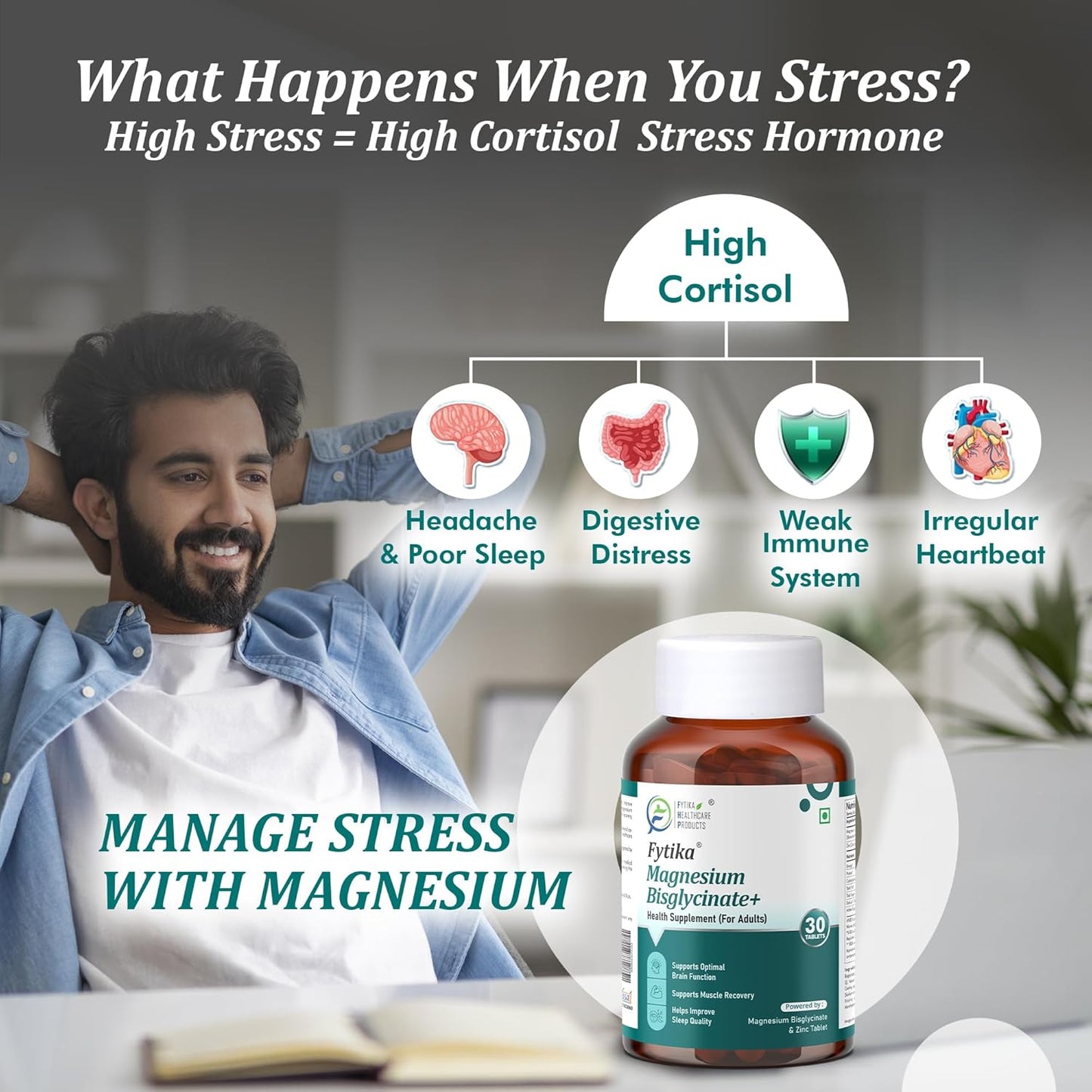 Fytika Magnesium Bisglycinate + | High Absorption Chelated Form| For Better Sleep, Stress Management, Muscle Recovery & Enhanced Workout | With Magnesium glycinate(as Bisglycinate) & Zinc | For Men & Women (Pack of 1 30 Tab)