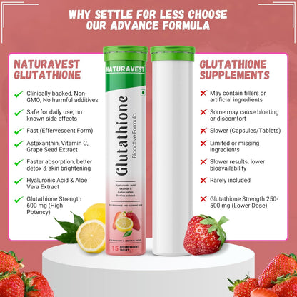 Naturavest Glutathione 600 mg for skin whitening, For Pigmentations and Glowing Skin Powerhouse of Antioxidants with Bioactive Formula, (Strawberry & Lemon flavour) (15 tablets)