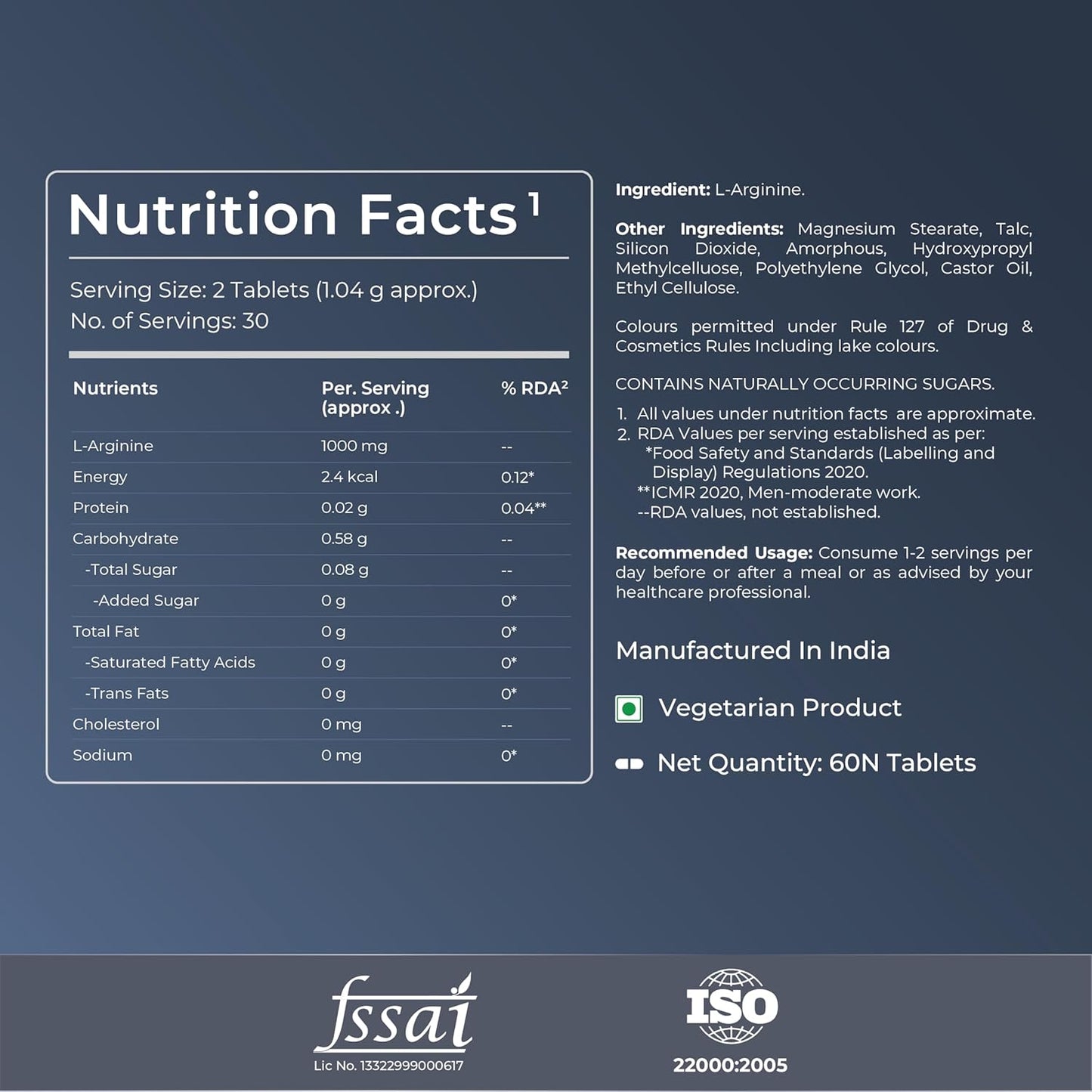 Nutrition facts label for a dietary supplement on a dark blue background