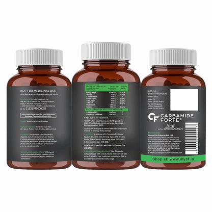 Three bottles of Carbamide Forte with labels on a white background