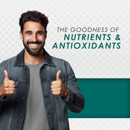 Man giving thumbs up with text 'The Goodness of Nutrients & Antioxidants' on a patterned background