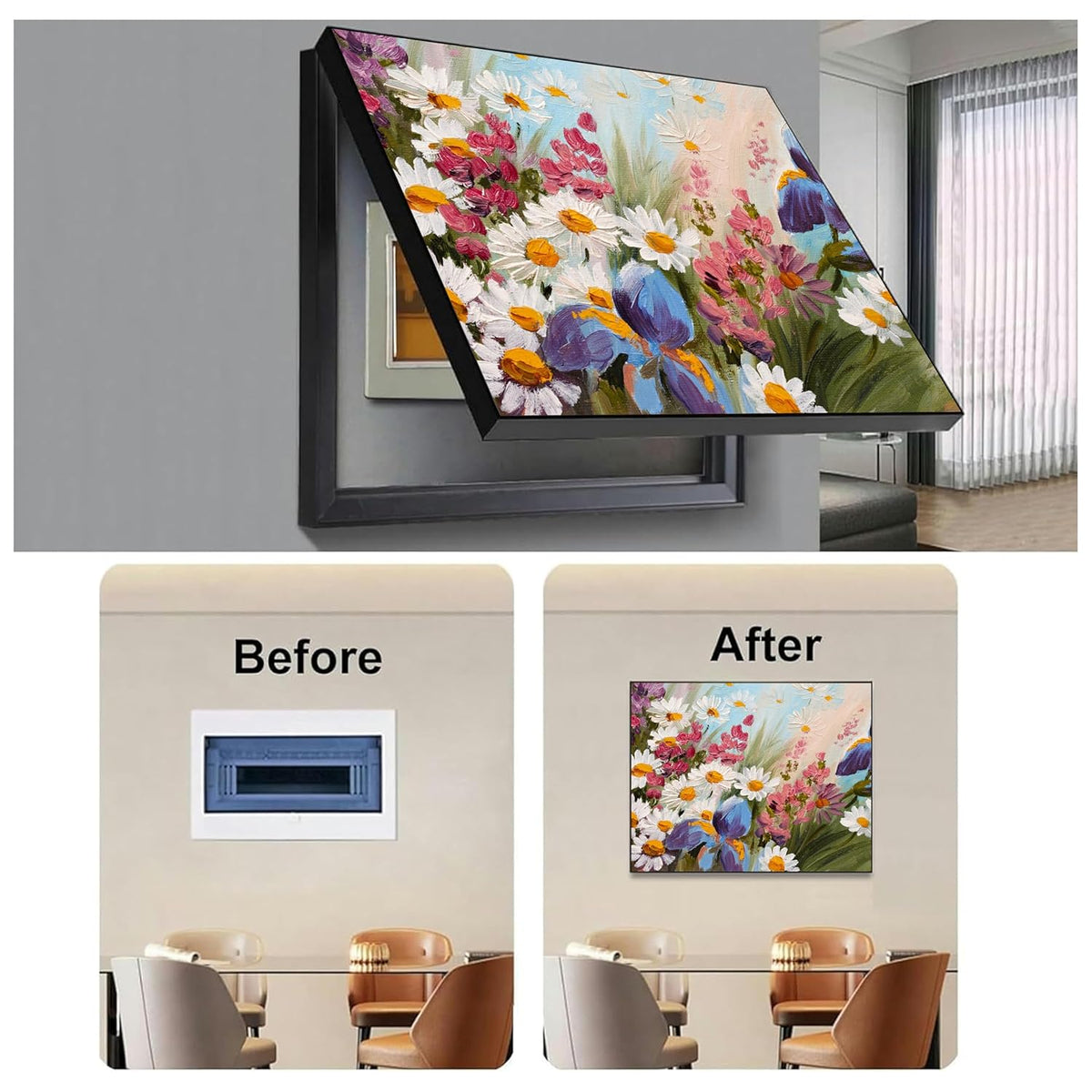 Electric MCB Box Cover Frame With Hydraulic Decorative Painting Abstract Daisy Flower Painting Electrical Panel box Cover, Switch Box Frame Will Fit Max 10x14 inch Switch Board, Outer Size 13X17 Inch