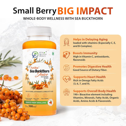 Fytika Sea Buckthorn Juice bottle with health benefits listed on a white background