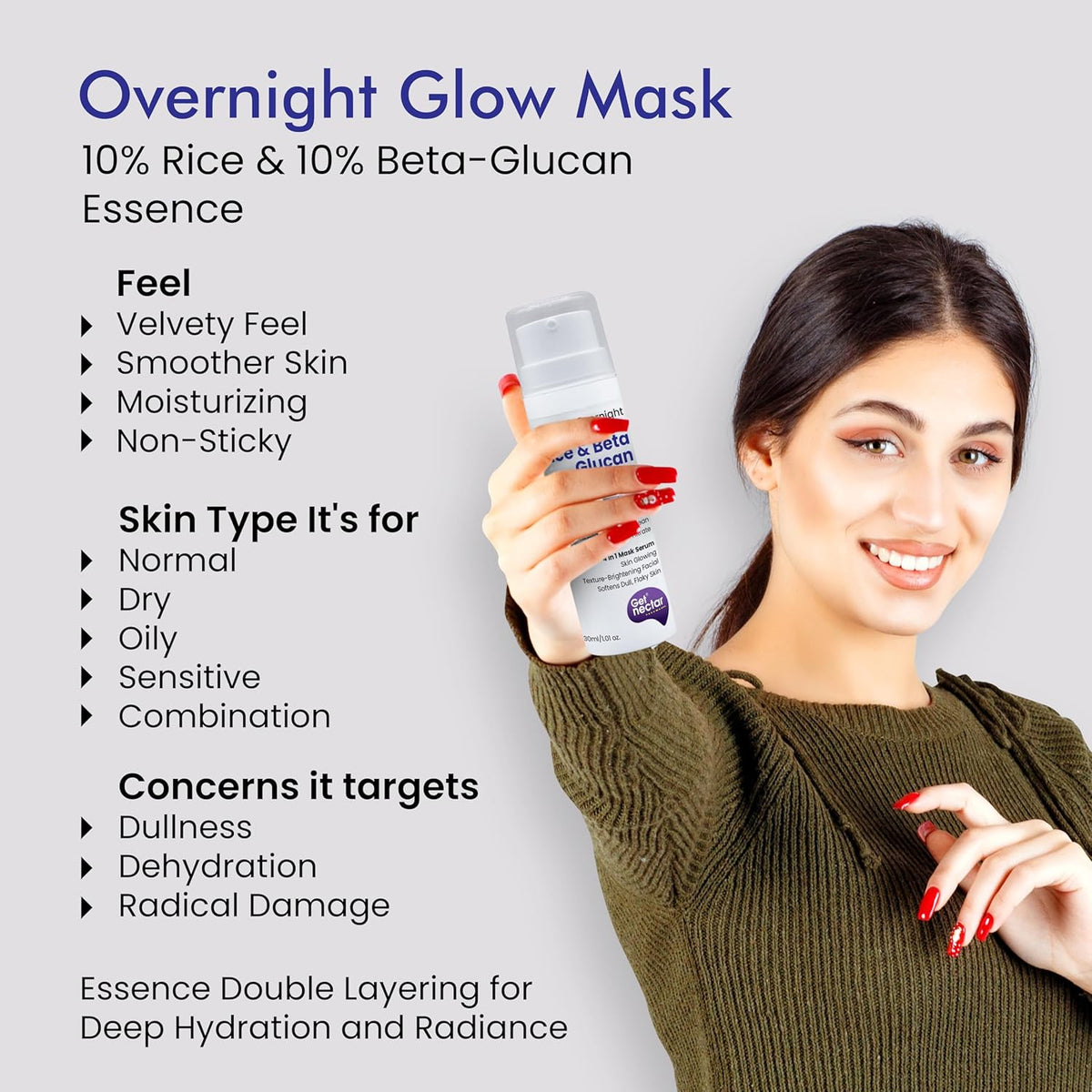 Woman holding an Overnight Glow Mask with product details on a light gray background