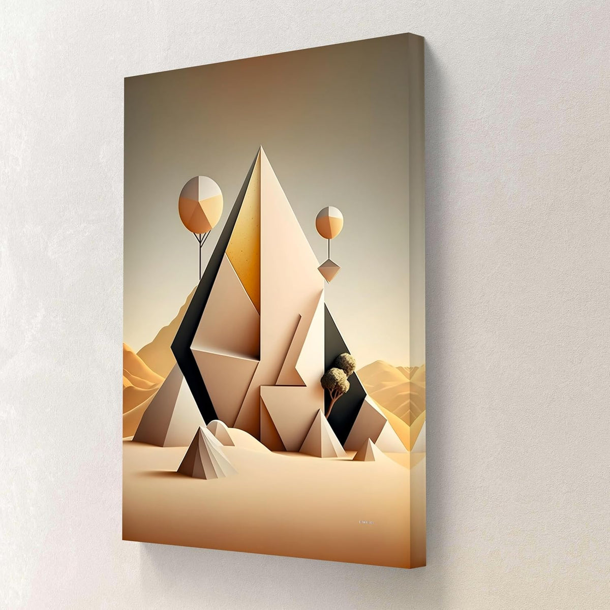 Geometric Pyramid Canvas Wall Art | Abstract Desert Landscape Painting for Living Room, Office, or Bedroom | Modern Beige & Black 3D Illusion Framed Art | Ready to Hang (18 x 24 Inch) CVD-493