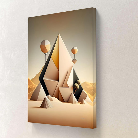 Geometric Pyramid Canvas Wall Art | Abstract Desert Landscape Painting for Living Room, Office, or Bedroom | Modern Beige & Black 3D Illusion Framed Art | Ready to Hang (18 x 24 Inch) CVD-493