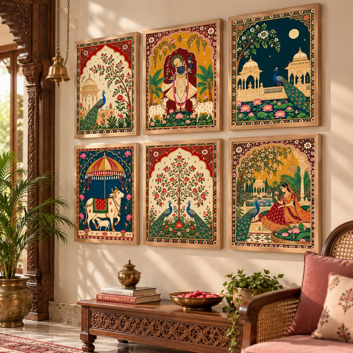 Madhubani Paintings Set of 6 Traditional Indian Folk Art Wall Painting With Frame for Living Room Bedroom Hotel Wall Decor Digital Reprint (10X13 Inch)