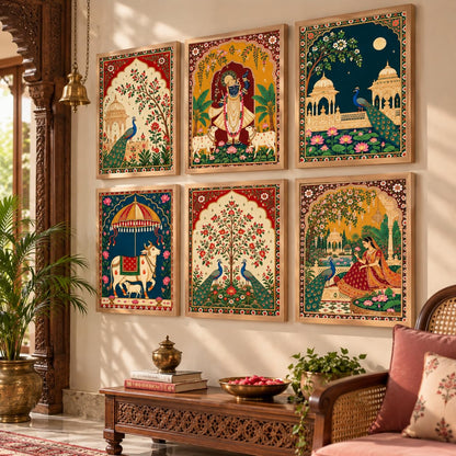Madhubani Paintings Set of 6 Traditional Indian Folk Art Wall Painting With Frame for Living Room Bedroom Hotel Wall Decor Digital Reprint (10X13 Inch)