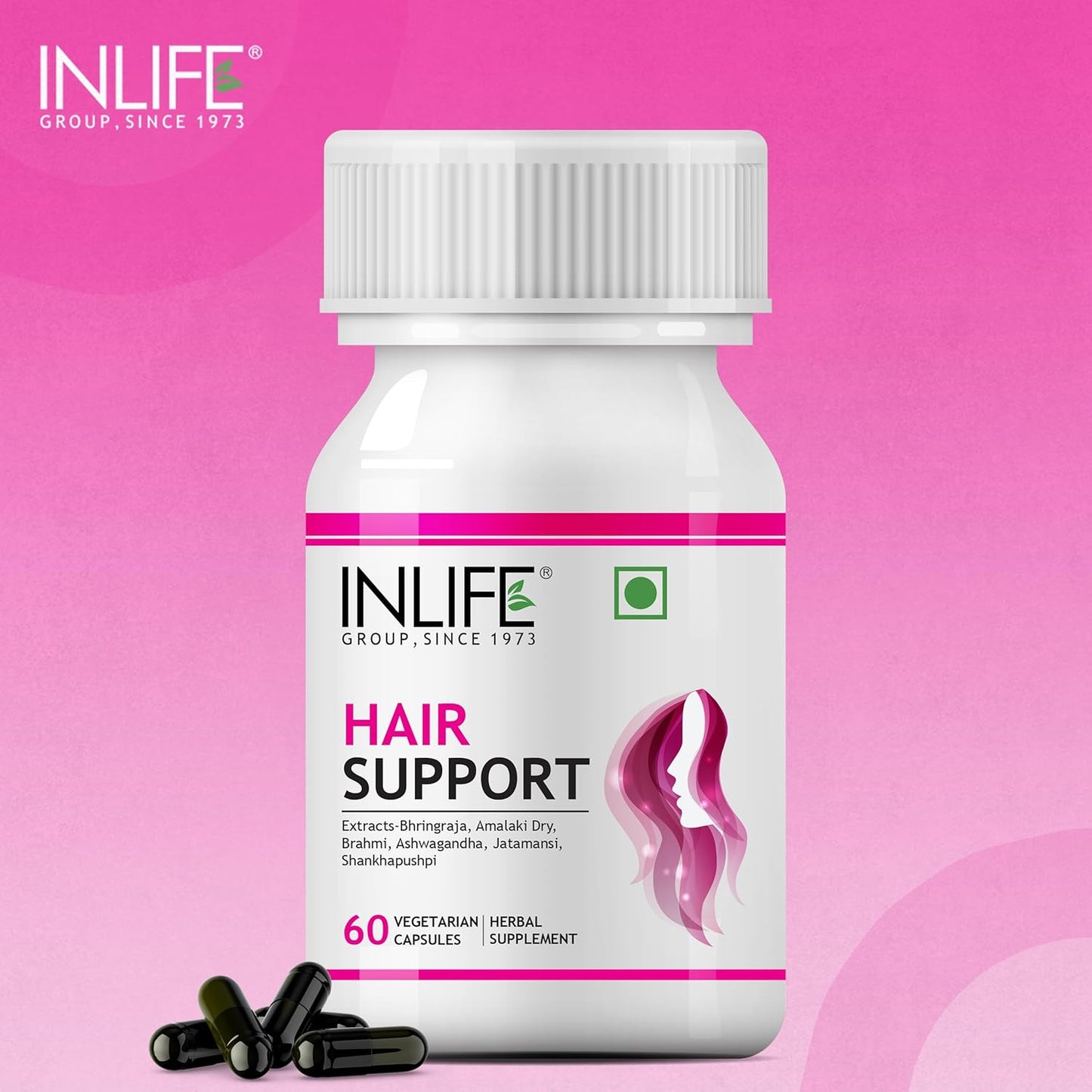 INLIFE Hair Support Supplement, Bhringraj, Brahmi, Ashwagandha and other Ayurvedic Herbs 500 mg - 60 Vegetarian Capsules (Pack of 1, 60)