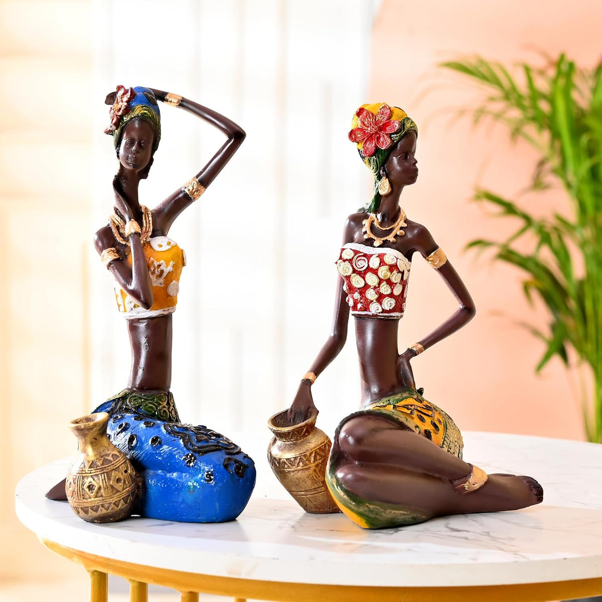 African Lady Statue with Pot| Graceful and Cultural Home Décor (Pack of 2, Yellow, Blue)