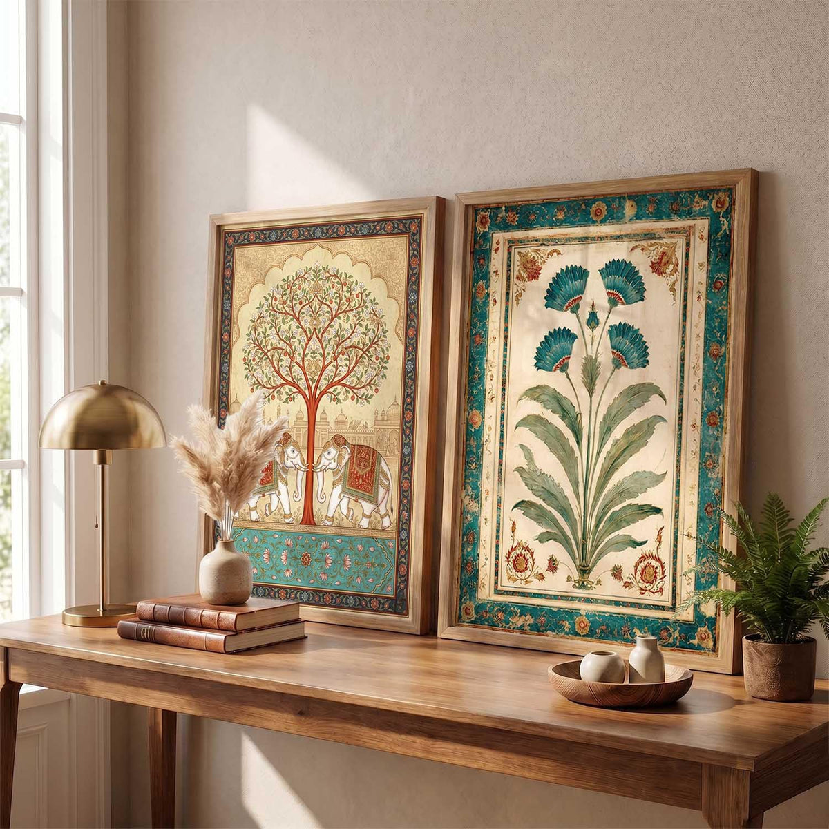 Indian Traditional Madhubani Art Wall Painting Home Decoration With Frame For Living Room Bed Room Hotel Wall Decor Digital Reprint Engineered Wood Set of 2 (13X17 inch)