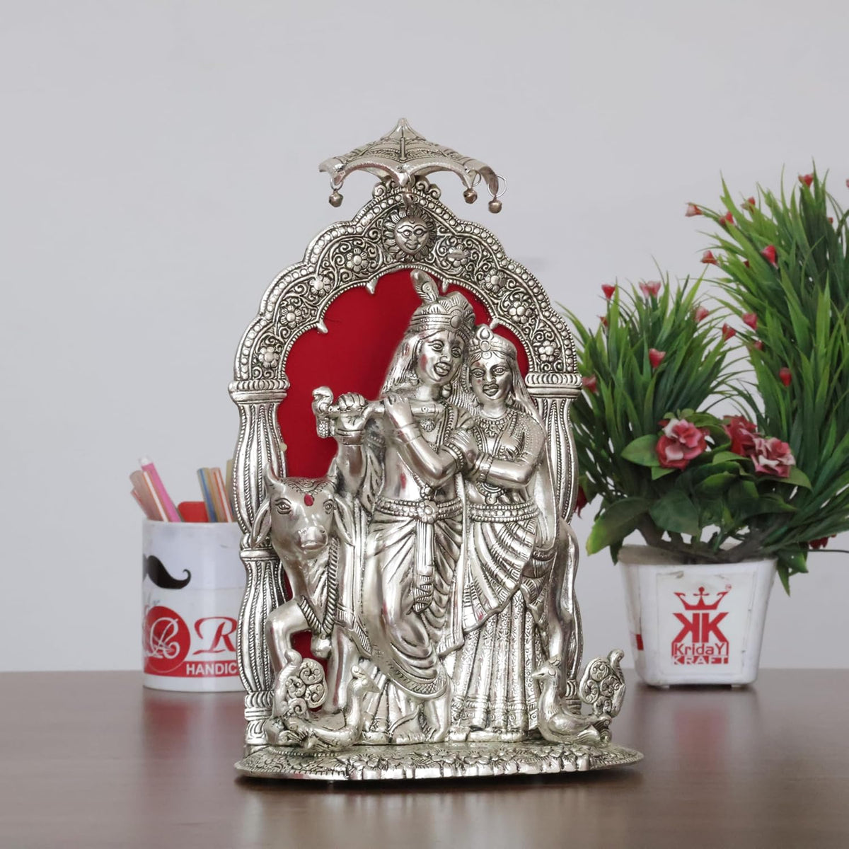 KridayKraft Metal Radha Krishna Idol with Cow Decorative Showpiece Statue for Puja Room Home Office Desk Gift Items Ornate Metal Sculpture of Hindu Deities (Silver, Height 33 CM)