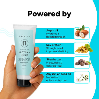 Arata Curl Cream For Curly, Frizzy & Dry Hair | Moisturises & Hydrates Curls | Reduces Frizz| Derma Tested | Soy Protein & Shea Butter | 50g