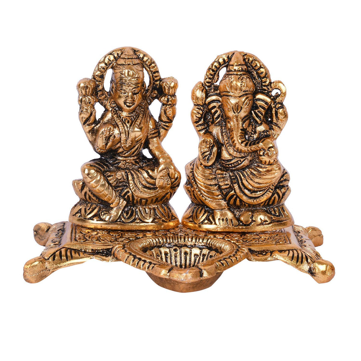 Metal Laxmi Ganesh Idol Showpiece Oil Lamp Diya, 5.5 x 4.5, Golden