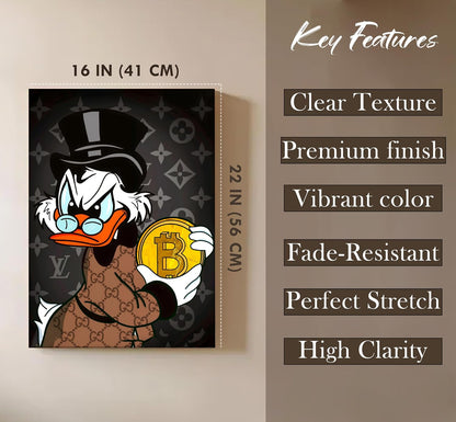 Luxury Money Duck Pop Art Canvas Wall Art Painting For Living Room | Cartoon Style Crypto Wealth Wall Art Painting | Modern Graffiti Artwork for Home & Office Décor, 41x56 cm