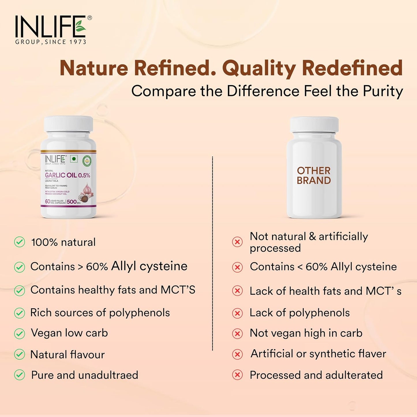 INLIFE Natural Garlic Oil with Coconut Oil Filled Capsules | Extra Virgin Cold Pressed Oil | Helps Support Heart Health, Immunity & Digestion | 60 Vegetarian Capsules