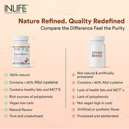 INLIFE Natural Garlic Oil with Coconut Oil Filled Capsules | Extra Virgin Cold Pressed Oil | Helps Support Heart Health, Immunity & Digestion | 60 Vegetarian Capsules