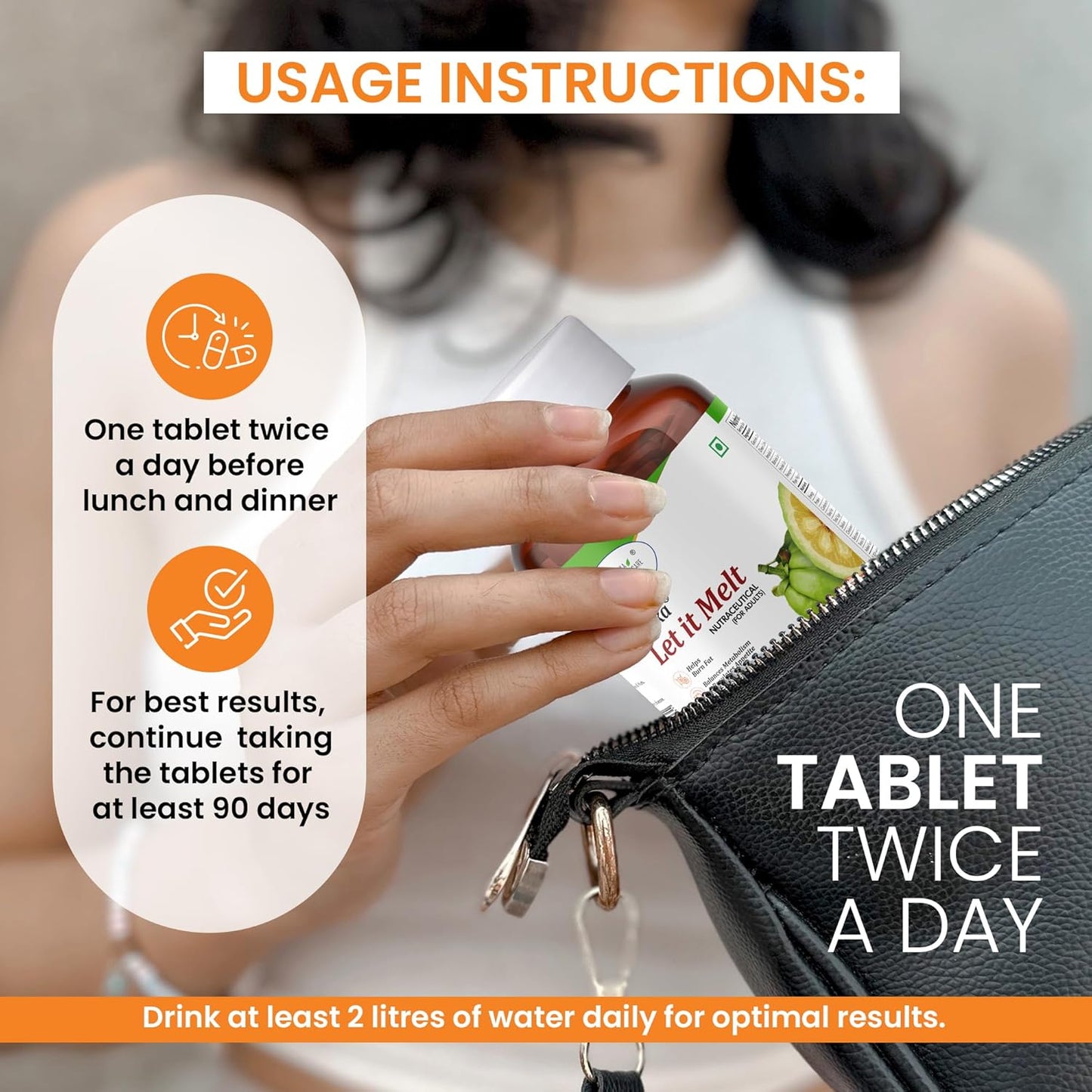 Hand holding a supplement bottle with usage instructions overlayed on a blurred background
