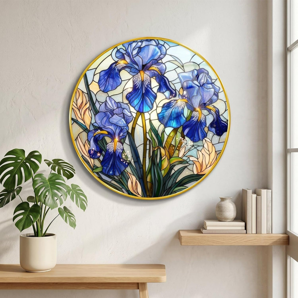 Blue Iris Flower Wall Painting with Golden PVC Frame Round Floral Art Stained Glass Style Modern Decor for Living Room Bedroom Office Home Decorative Gift Item (16 x 16 Inch) GRM-361