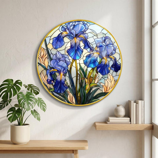Blue Iris Flower Wall Painting with Golden PVC Frame Round Floral Art Stained Glass Style Modern Decor for Living Room Bedroom Office Home Decorative Gift Item (16 x 16 Inch) GRM-361