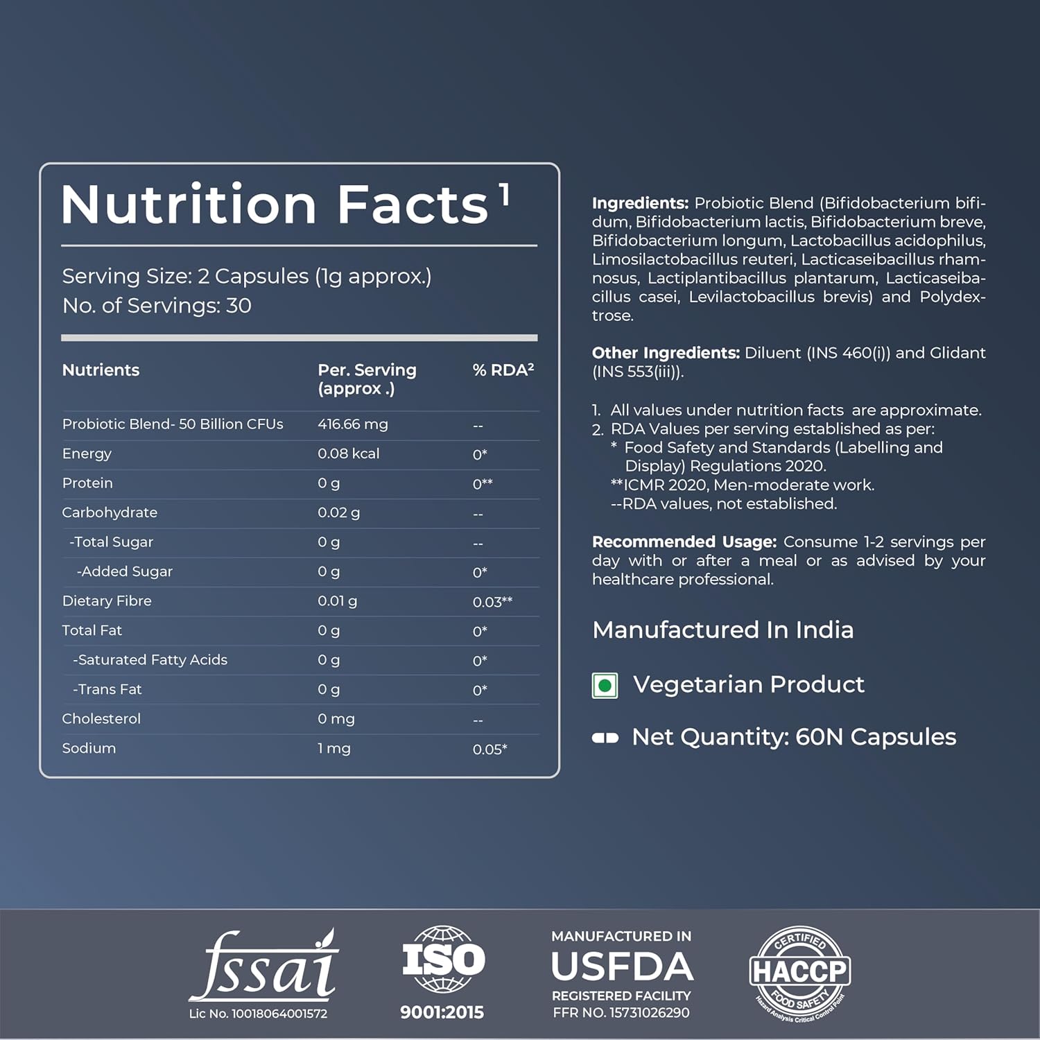 Nutrition facts label and product information on a dark blue background