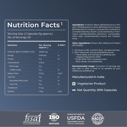 Nutrition facts label and product information on a dark blue background