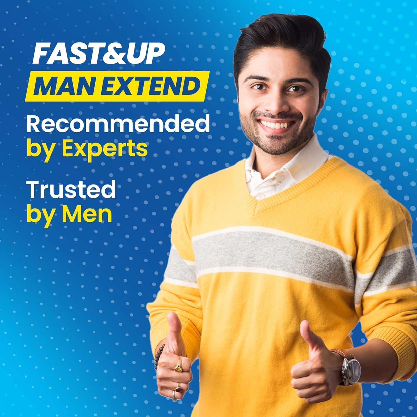 Man in yellow sweater giving thumbs up with promotional text on a blue background