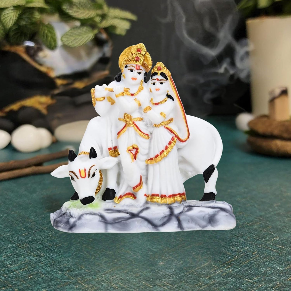 Kamdhenu Cow Calf Resin with Radha Krishna Home Office Resin Marti Figurine Puja Room Mandir Temple Home Décor Decoration Item and Gifts Wedding Housewarming Gift10 Cm,10 Cm
