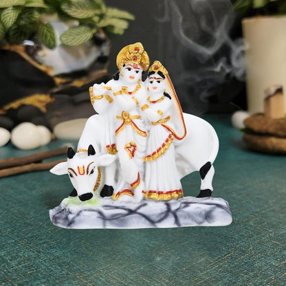 Kamdhenu Cow Calf Resin with Radha Krishna Home Office Resin Marti Figurine Puja Room Mandir Temple Home Décor Decoration Item and Gifts Wedding Housewarming Gift10 Cm,10 Cm