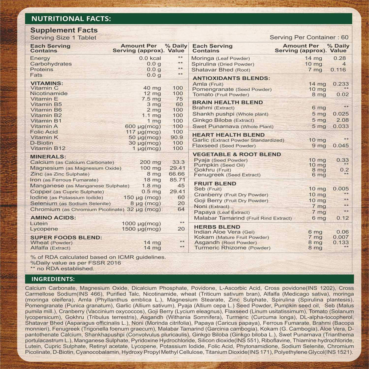 Nutritional facts label for a supplement on a wooden background