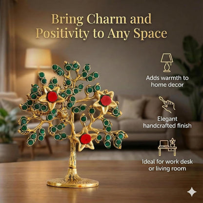 Metal Kalpavriksha Tree for Home Decor - Golden Wish Fulfilling Tree Metal Showpiece for Temple, Vastu, Office Table & Gifting Banyan (No 1 Golden with Stone)