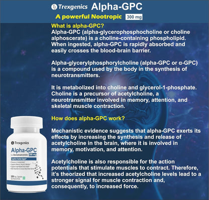 Trexgenics ALPHA-GPC 300 mg L-α-Glycerophosphorylcholine Cognitive Function, Brain Health Support (30 Veg Capsules)