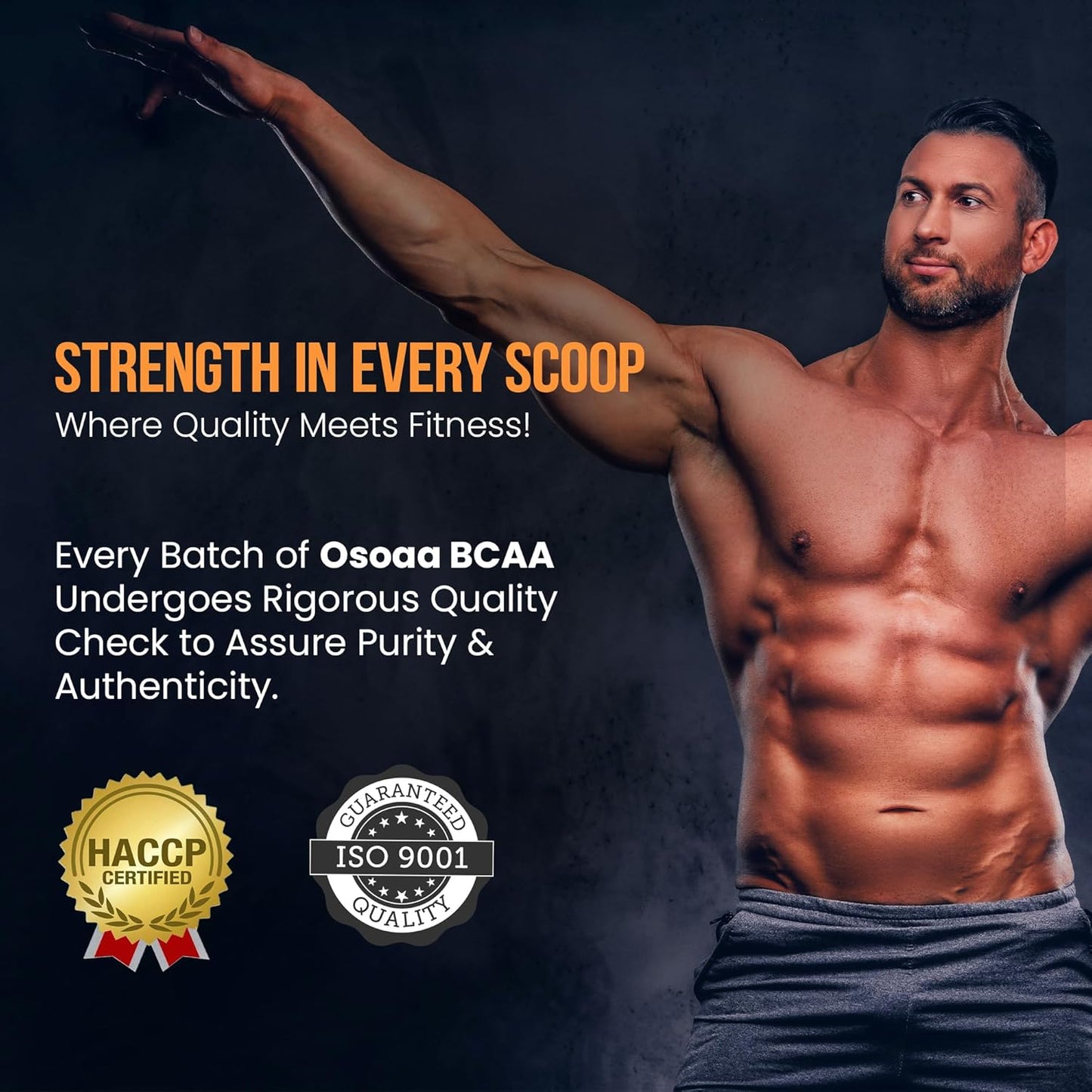 Muscular man posing with fitness supplement branding and certification logos on a dark background
