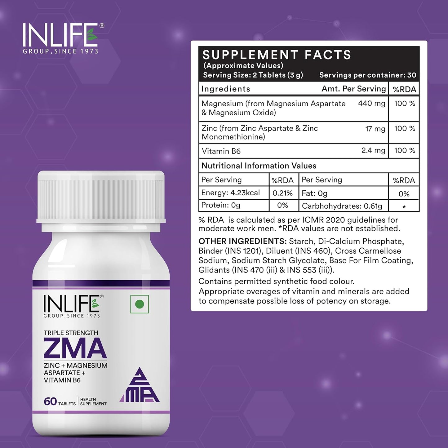 INLIFE ZMA (Zinc Magnesium Aspartate & Vitamin B6) For Men And Women | For Muscle Strength, Recovery, Sleep, Immune Support - 60 Tablets (Pack of 1)