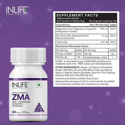 INLIFE ZMA (Zinc Magnesium Aspartate & Vitamin B6) For Men And Women | For Muscle Strength, Recovery, Sleep, Immune Support - 60 Tablets (Pack of 1)