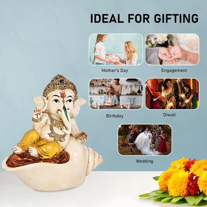 Lord Ganesh Idol 13 x 12 cm | Colourful Polyresin Statue of Ganesh Sitting on Shell | Handcrafted Decorative Figurine for Pooja Mandir, Home Temple, Showcase & Gifting