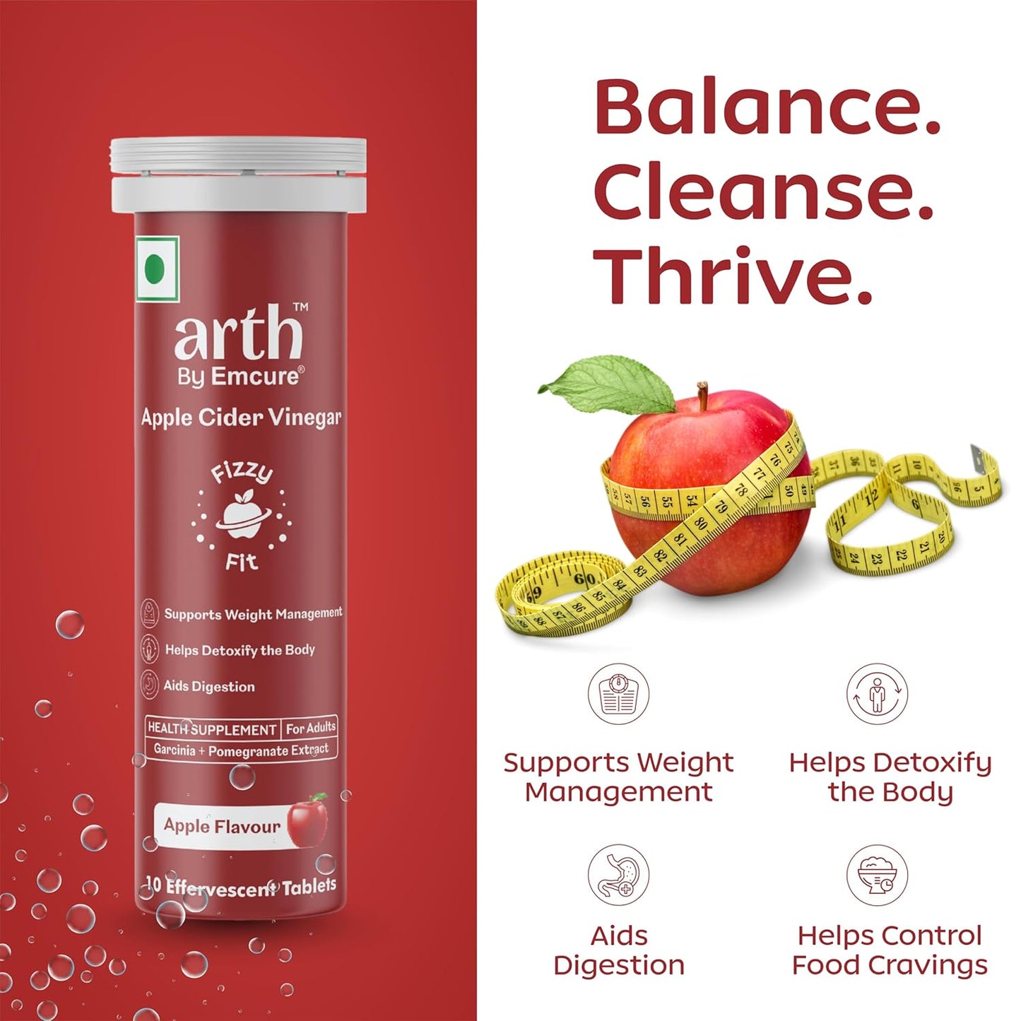 Arth Apple Cider Vinegar Effervescent Tablets 500mg | Supports Weight Management, Metabolism & Gut Health | Garcinia Cambogia, Pomegranate Extract | Vit B6 B12 | Apple Flavour | 10 Tablets