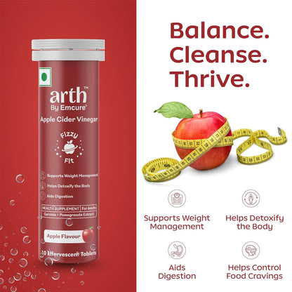 Arth Apple Cider Vinegar Effervescent Tablets 500mg | Supports Weight Management, Metabolism & Gut Health | Garcinia Cambogia, Pomegranate Extract | Vit B6 B12 | Apple Flavour | 10 Tablets