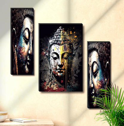 Abstract Textured Buddha Wall Art – 3-Panel UV-Printed Zen Triptych | Ready-to-Hang Spiritual Meditation Home Décor (20 Inch x 12 Inch) JM-35300