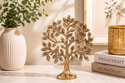 Kalpavriksha Tree of Life Showpiece with Birds, 15 cm Golden Metal Kalpvriksh for Home Mandir, Vastu, Office Table, Housewarming & Diwali Gift