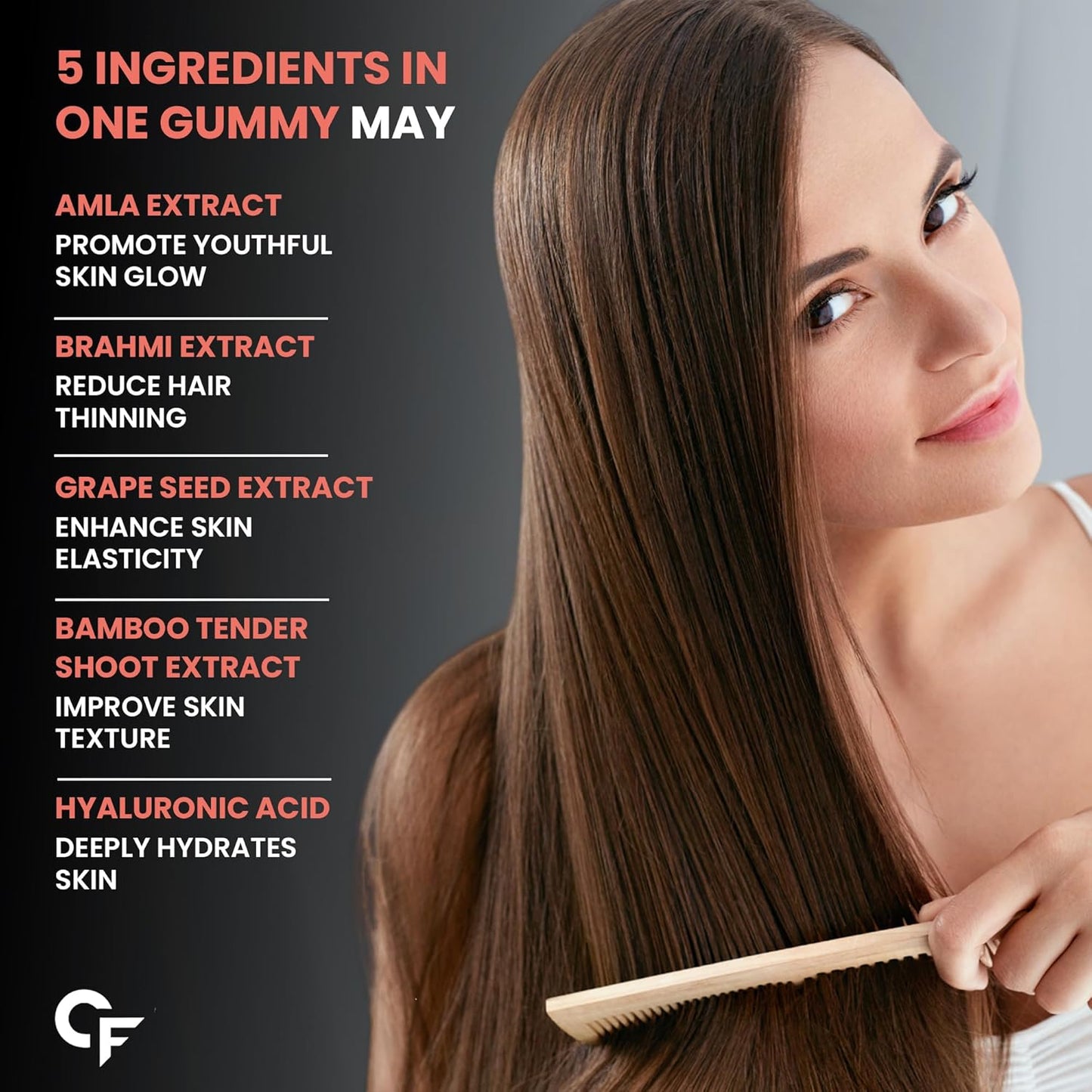 Woman with long hair using a comb, with text about ingredients in a gummy supplement on a gray background.