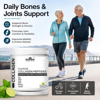Nutrasium Marine Collagen Supplement with Vitamin C & Hyaluronic acid for Men & Women | Skin, Joints, Hair & Nails | Hydrolyzed Peptides Fast Absorption | Added Biotin & Zinc | 100 Gram Refrashing Lemin Mint Flavour