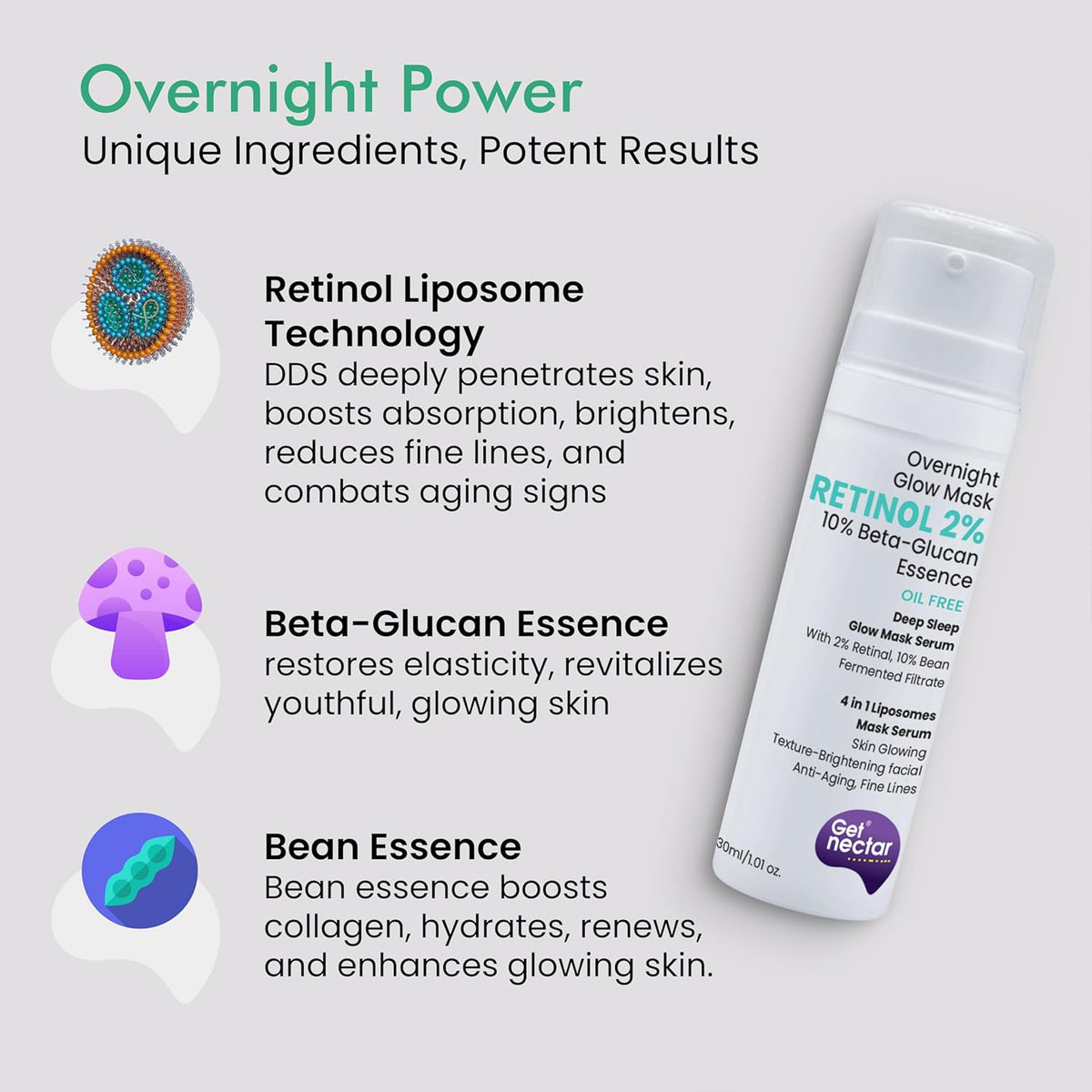 Cosmetic product with text about ingredients and benefits on a light gray background