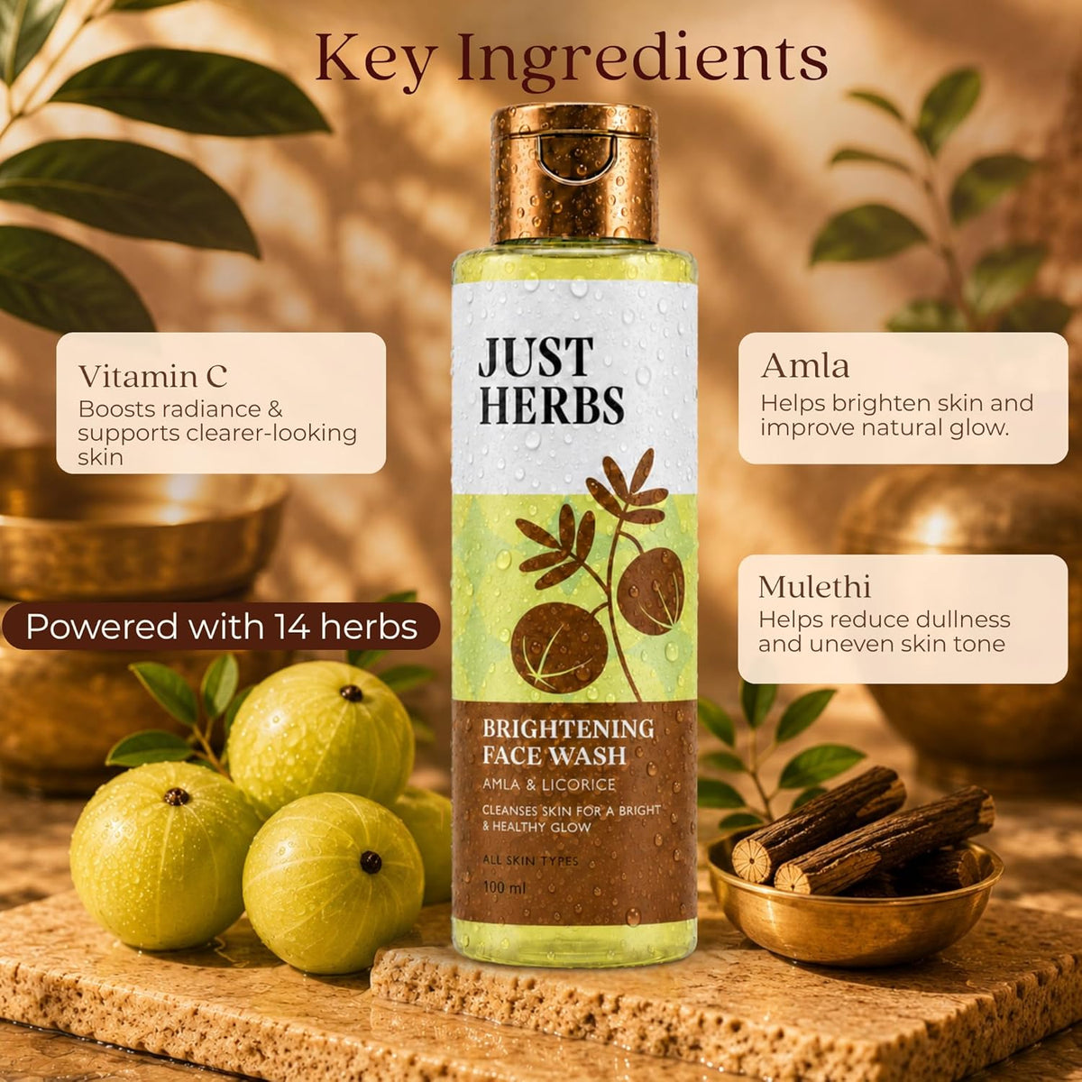 Just Herbs Brightening Face Wash with Vitamin C Amla & Liquorice Root for Men & Women | Hydrates Skin, Reduces Hyperpigmentation & Maintains pH Level | Suits All Skin Types- 50 gm
